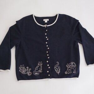 VTG Christopher & Banks Navy Knit Cat Embroidered Cardigan Cotton Blend XL